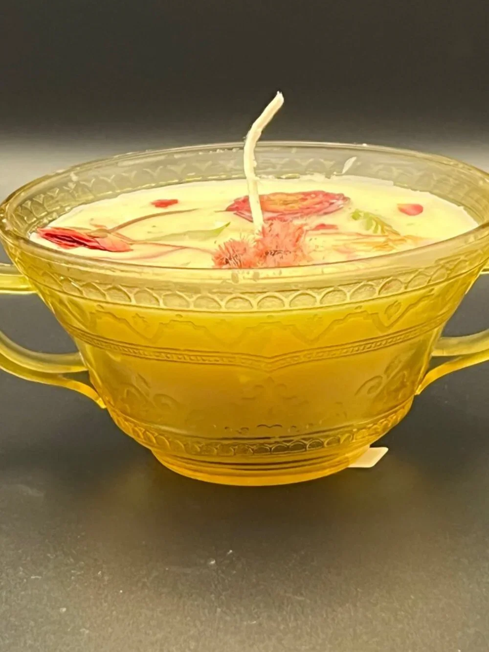 Amber Floral Double-Handled Glass Bowl Candle Rose Accent